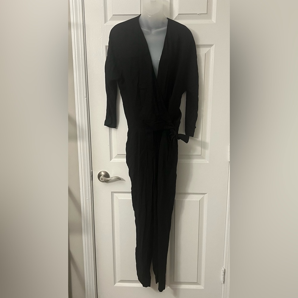 Massimo Dutti Black V-Neck Tie Waist Jumpsuit Size 4 Belted Neutral Work Event